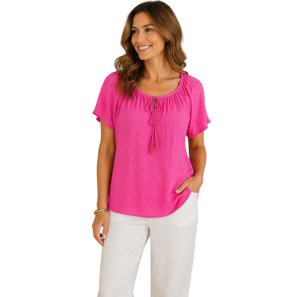 June & Delancey Pink Blouse Tassel Tie Neck Short Sleeve Top XL